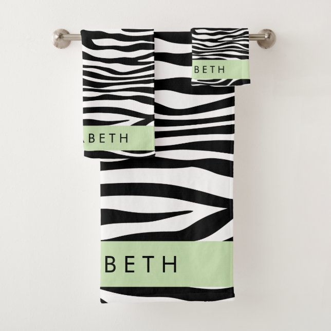 Zebra Print, Stripes, Black And White, Your Name Bath Towel Set (Insitu)