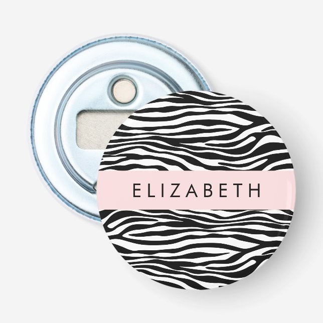 Zebra Print, Stripes, Black And White, Your Name Bottle Opener (Front)