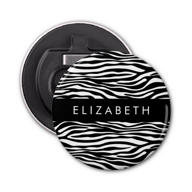 Zebra Print, Stripes, Black And White, Your Name Bottle Opener (Front)