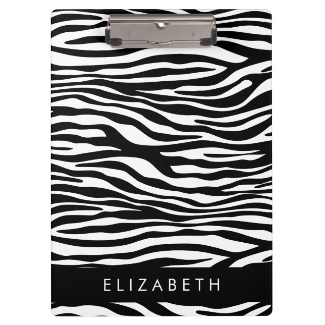 Zebra Print, Stripes, Black And White, Your Name Clipboard (Front)
