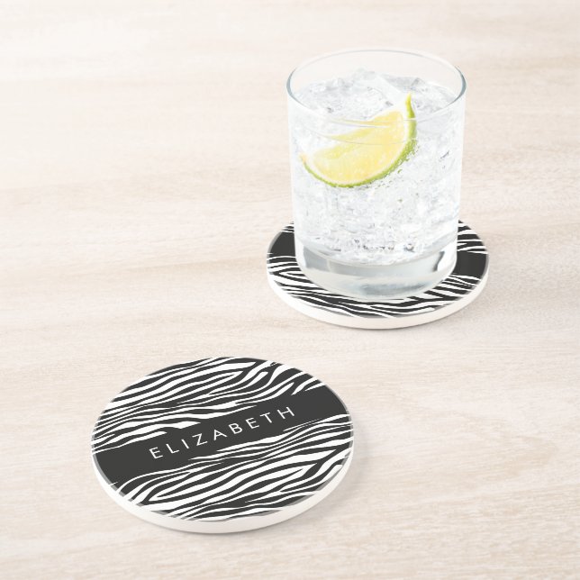 Zebra Print, Stripes, Black And White, Your Name Coaster (Side)