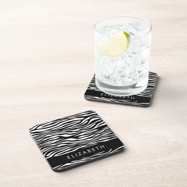 Zebra Print, Stripes, Black And White, Your Name Coaster (Right Side)