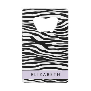 Zebra Print, Stripes, Black And White, Your Name Credit Card Bottle Opener