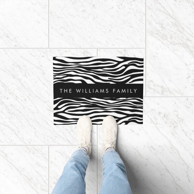 Zebra Print, Stripes, Black And White, Your Name Doormat (Indoor)