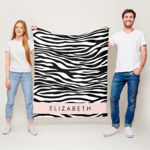 Zebra Print, Stripes, Black And White, Your Name Fleece Blanket