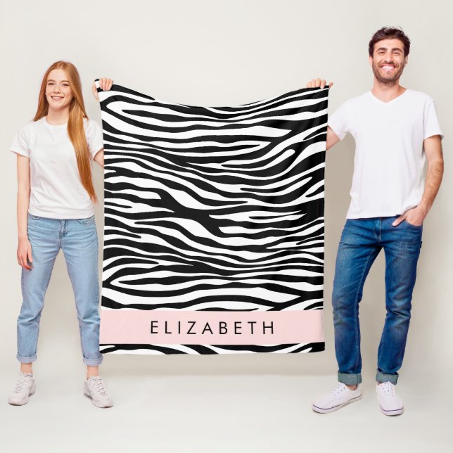 Zebra Print, Stripes, Black And White, Your Name Fleece Blanket (In Situ)
