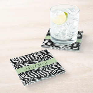 Zebra Print, Stripes, Black And White, Your Name Glass Coaster