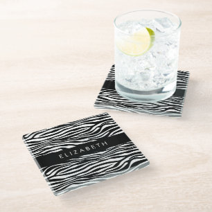 Zebra Print, Stripes, Black And White, Your Name Glass Coaster