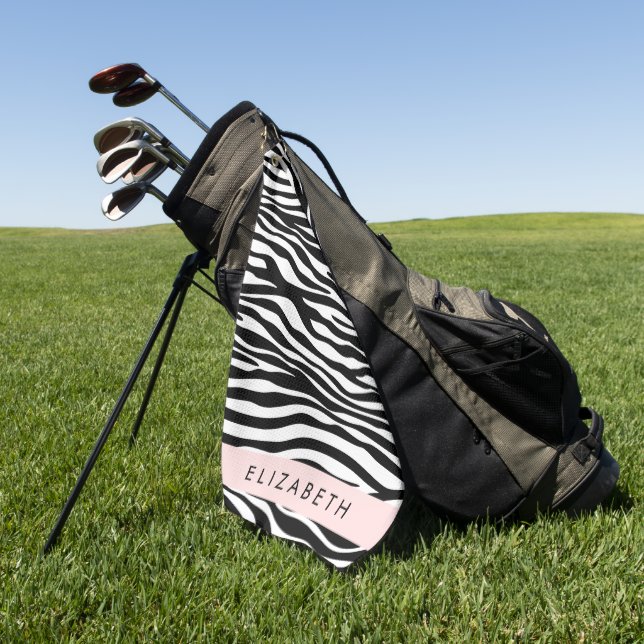 Zebra Print, Stripes, Black And White, Your Name Golf Towel (Green)