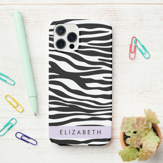 Zebra Print, Stripes, Black And White, Your Name iPhone Case (On Desk)