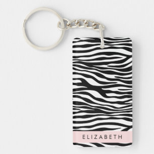 Zebra Print, Stripes, Black And White, Your Name Keychain
