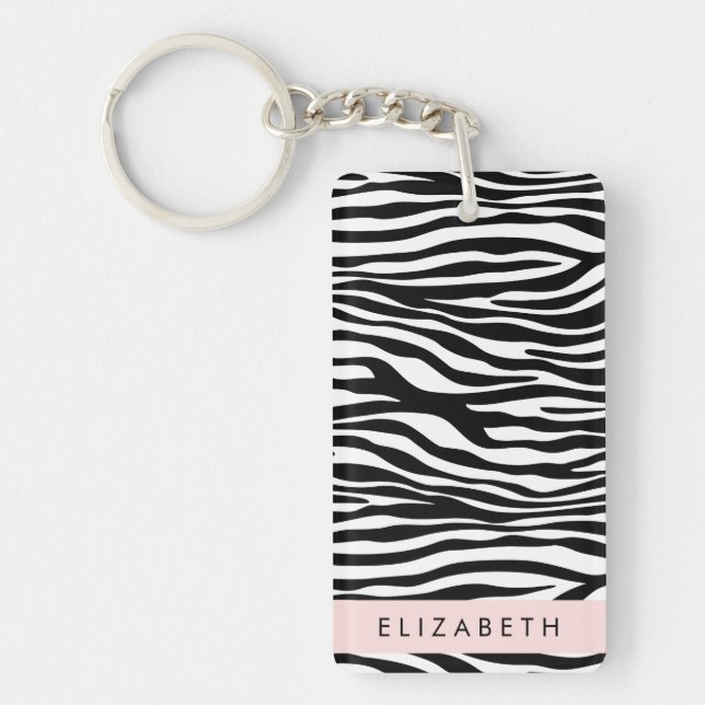 Zebra Print, Stripes, Black And White, Your Name Keychain (Front)