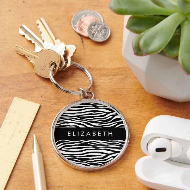 Zebra Print, Stripes, Black And White, Your Name Keychain (Desk)