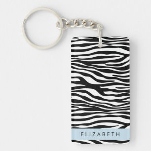 Zebra Print, Stripes, Black And White, Your Name Keychain
