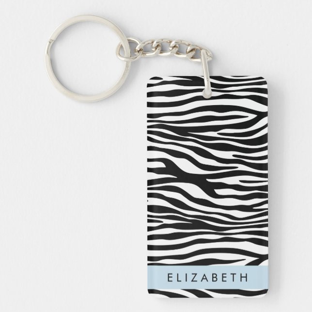 Zebra Print, Stripes, Black And White, Your Name Keychain (Front)