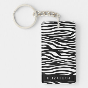 Zebra Print, Stripes, Black And White, Your Name Keychain