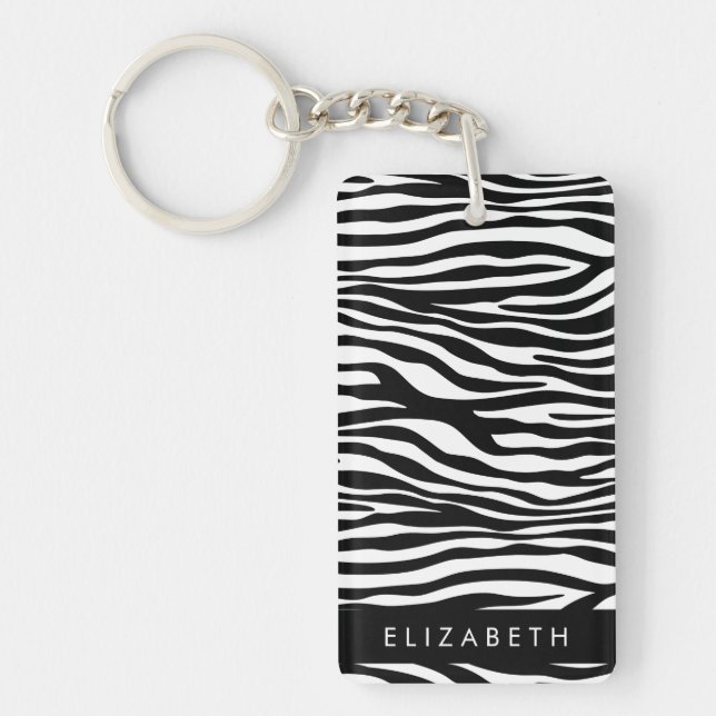 Zebra Print, Stripes, Black And White, Your Name Keychain (Front)