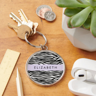 Zebra Print, Stripes, Black And White, Your Name Keychain