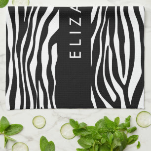 Zebra Print, Stripes, Black And White, Your Name Kitchen Towel