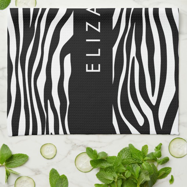 Zebra Print, Stripes, Black And White, Your Name Kitchen Towel (Folded)
