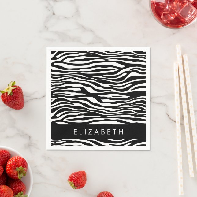 Zebra Print, Stripes, Black And White, Your Name Napkin (Insitu)