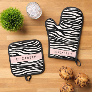 Zebra Print, Stripes, Black And White, Your Name Oven Mitt & Pot Holder Set