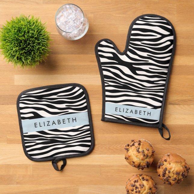 Zebra Print, Stripes, Black And White, Your Name Oven Mitt & Pot Holder Set (Top Down)
