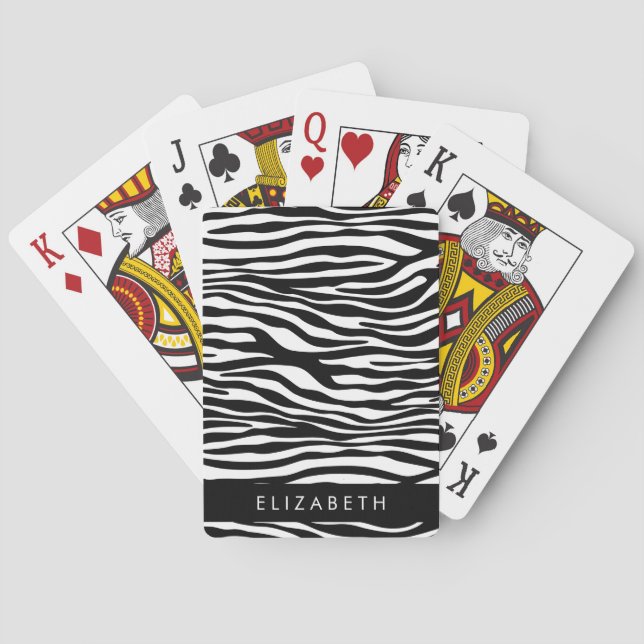 Zebra Print, Stripes, Black And White, Your Name Playing Cards (Back)