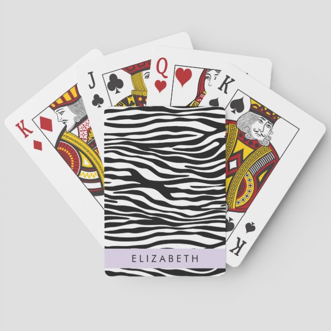 Zebra Print, Stripes, Black And White, Your Name Playing Cards (Back)
