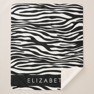 Zebra Print, Stripes, Black And White, Your Name Sherpa Blanket