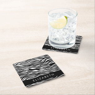 Zebra Print, Stripes, Black And White, Your Name Square Paper Coaster