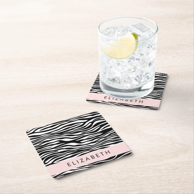 Zebra Print, Stripes, Black And White, Your Name Square Paper Coaster (Insitu)