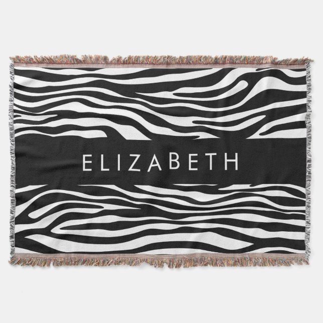 Zebra Print, Stripes, Black And White, Your Name Throw Blanket (Front)