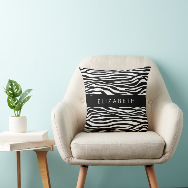 Zebra Print, Stripes, Black And White, Your Name Throw Pillow (Chair)