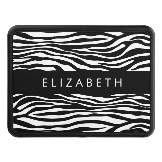 Zebra Print, Stripes, Black And White, Your Name Trailer Hitch Cover (Front)