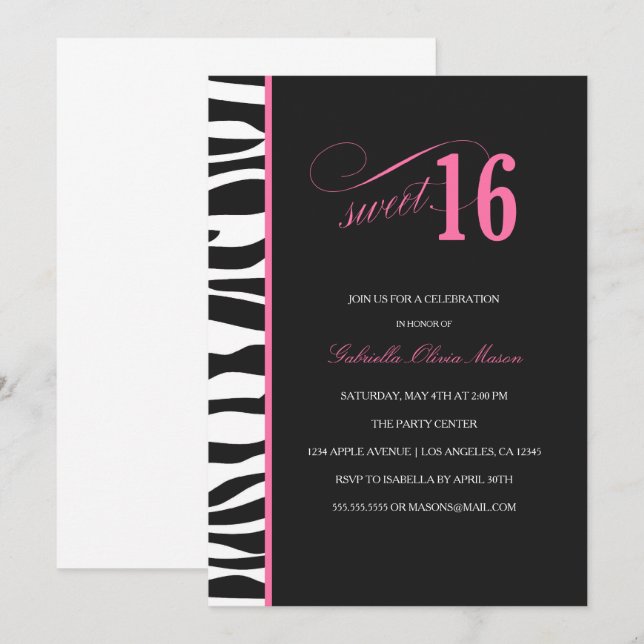 Zebra Print Sweet 16 Party Invitation (Front/Back)