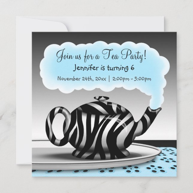 Zebra Print Teapot Tea Party Birthday Invitations (Front)