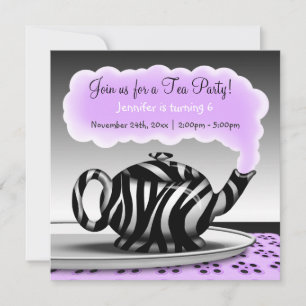 Zebra Print Teapot Tea Party Birthday Invitations