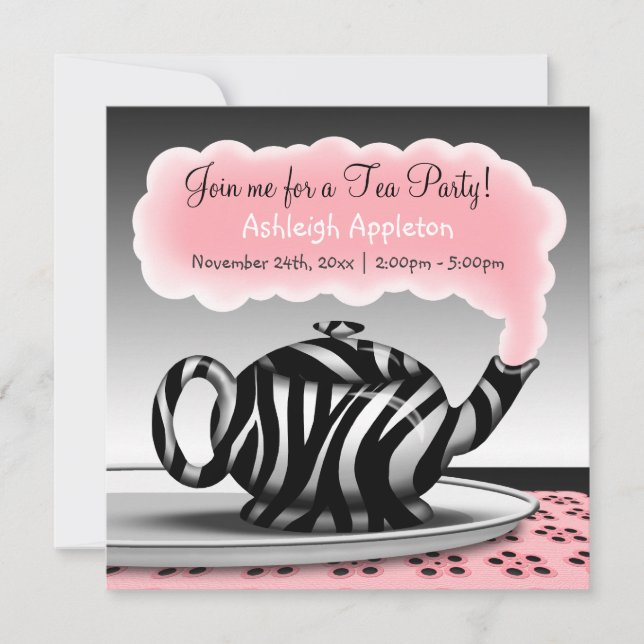 Zebra Print Teapot Tea Party Invitations (Front)