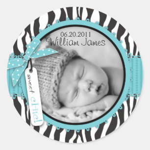 Zebra Print Turquoise Accent Birth Announcement Classic Round Sticker