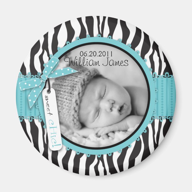 Zebra Print Turquoise Accent Birth Announcement Magnet (Front)