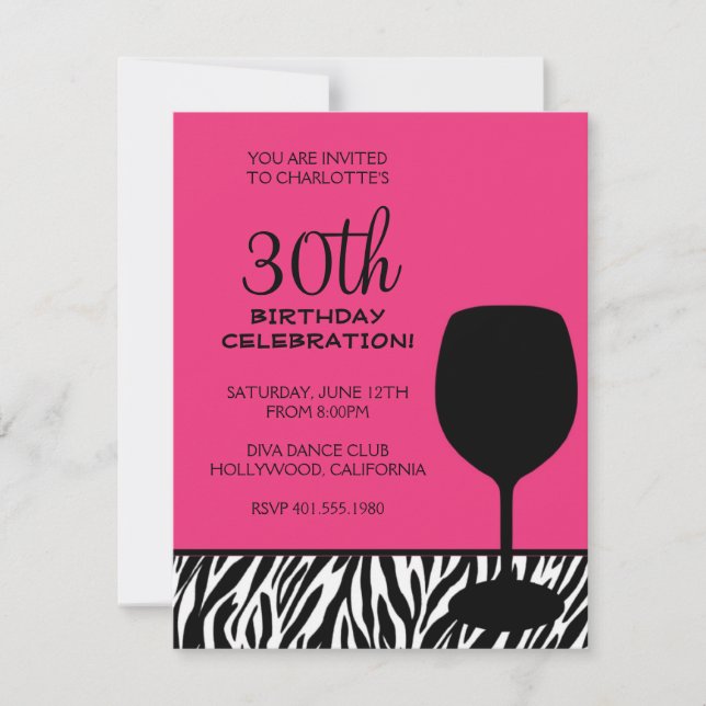 zebra print wine birthday invitation (Front)