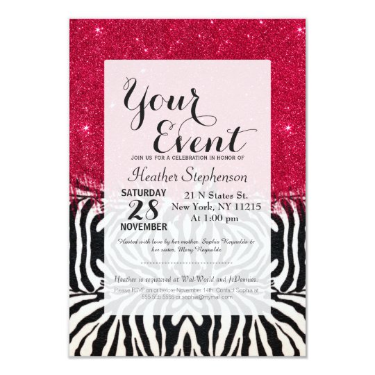 Zebra Print with Faux Pink Brush Stroke Glitter Card