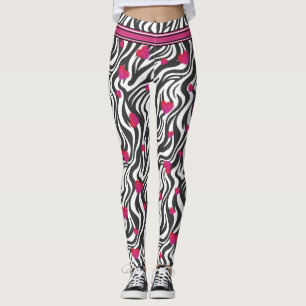 Zebra Print with Hot Pink Sparkle Hearts Leggings