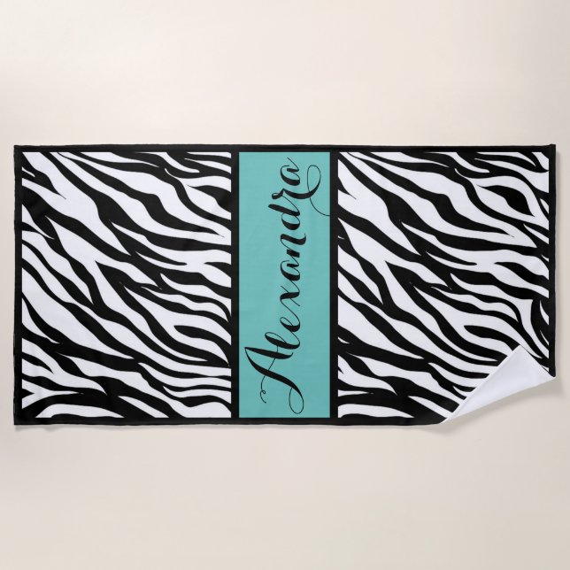 Zebra Print With Teal Monogram Beach Towel (Front)