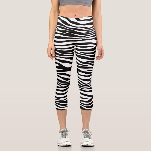 Zebra Print, Zebra Stripes, Black And White Capri Leggings (Front)