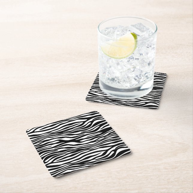 Zebra Print, Zebra Stripes, Black And White Square Paper Coaster (Insitu)