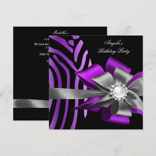 Zebra Purple Black Silver Bow Pearl Birthday Invitation (Front/Back)