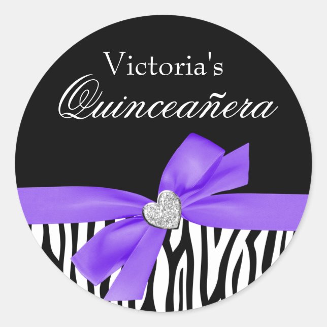 Zebra Purple Bow Diamond Quinceanera Classic Round Sticker (Front)