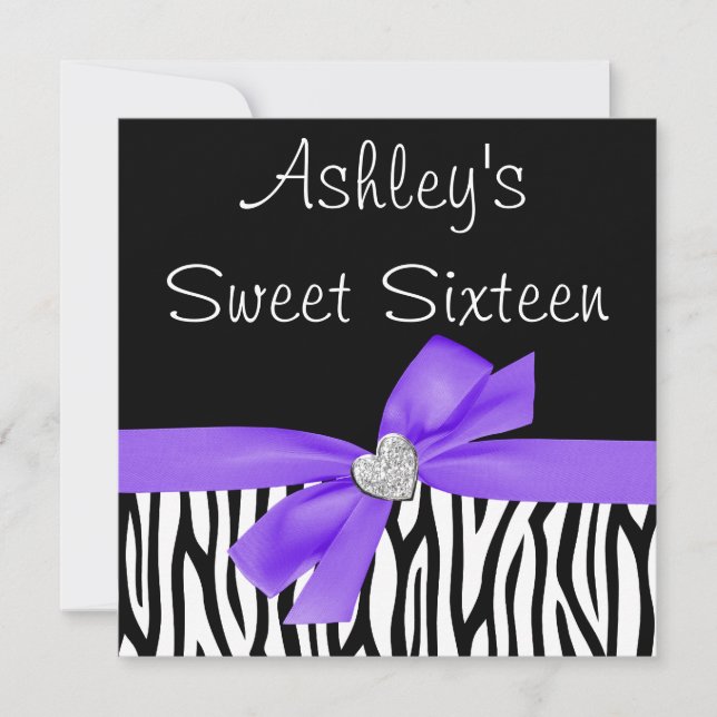 Zebra Purple Bow Diamond Sweet 16 Invitations (Front)